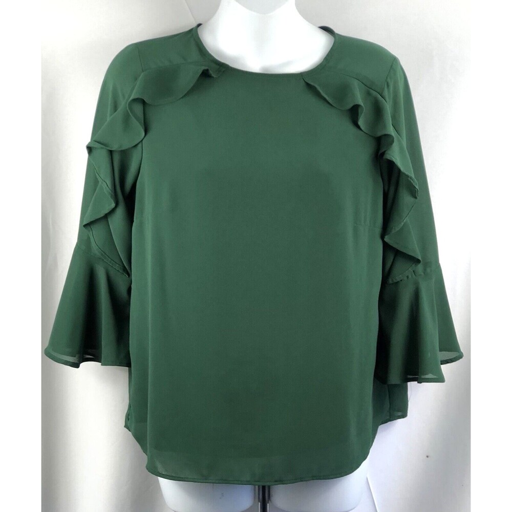 Monteau Chiffon Ruffles Top M Green 3/4 Flutter Sleeves Layered Boho Peasant